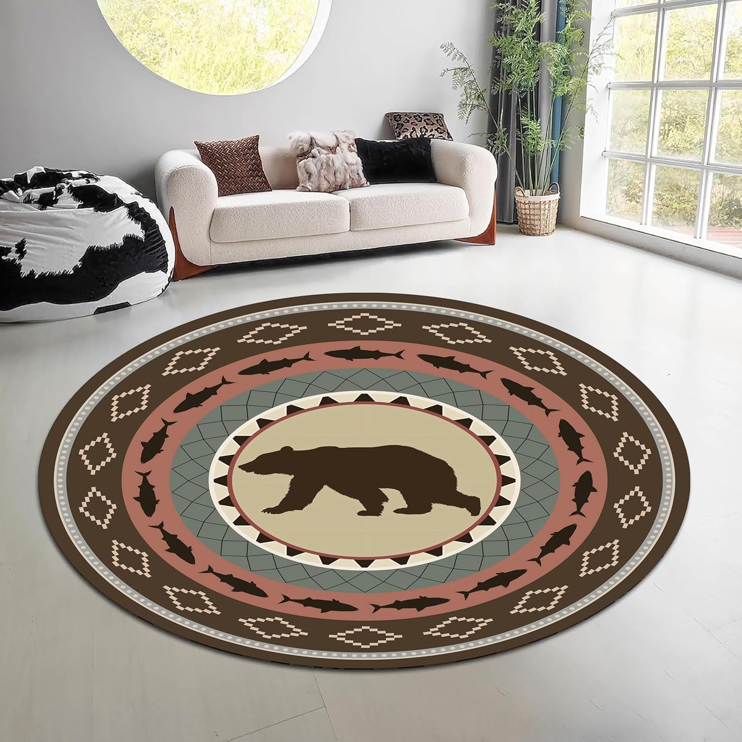Hunting Outdoor Rug - Tappeto Rotondo Vintage con Motivo Foresta,